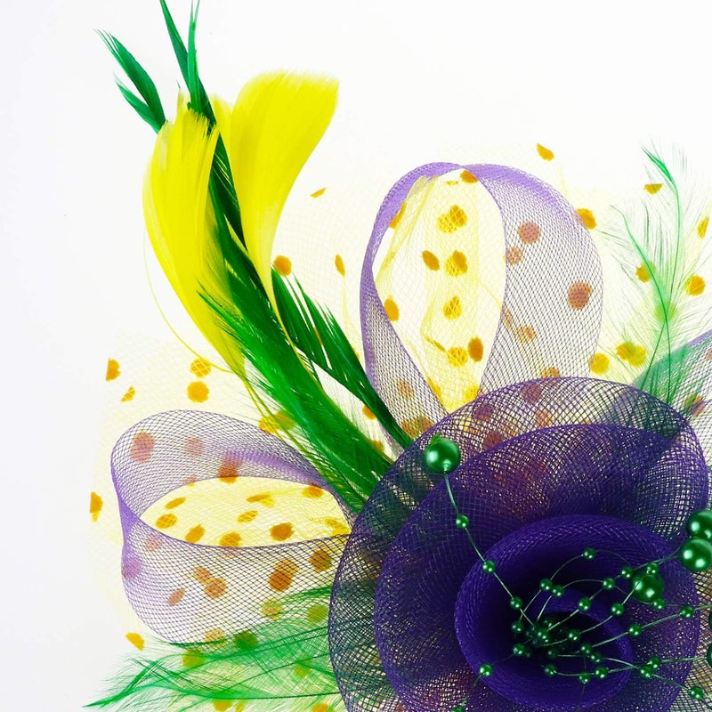 DRESHOW قبعة زينة مزينة بالزهور والشبك والأشرطة والريش على رباط رأس ومشبك، ملابس حفلات الشاي للفتيات والنساء - Image 3